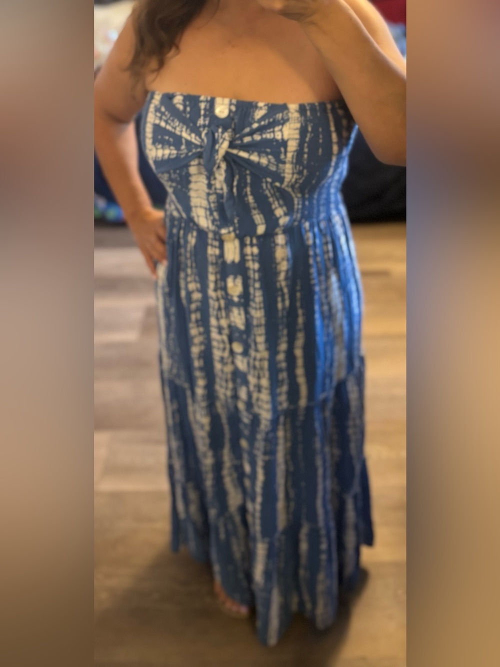 blue island Strapless Blue and White Tie-Dye Maxi Dress